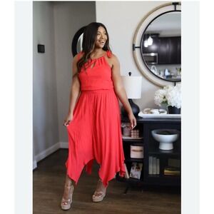 NWT Maurices Smocked Waist Shark Bite Halter Neck Midi Dress Red Sundress XS